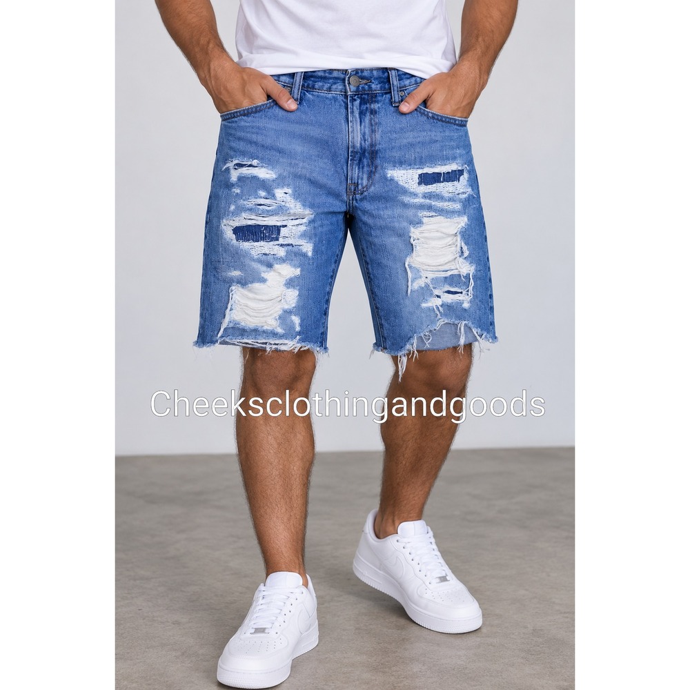 American Eagle Mens Slim Straight Distressed Denim Shorts Blue Size 34
